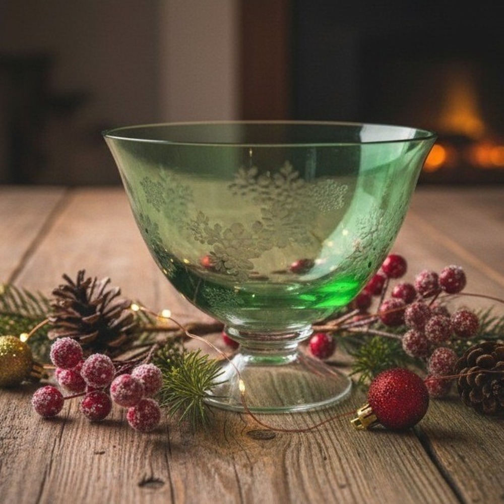 Christmas Green Crystal Footed Bowl, Etched Snowflakes, Vintage Holiday‎ Decor